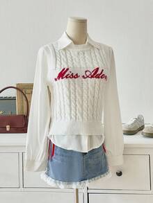 SHEIN MOD Damen ärmelloses Oberteil mit Buchstabenmuster, Strickoberteil für Schule, Wollpullover, Winterkleidung für Frauen, süße Wollwesten, Neujahrspullover