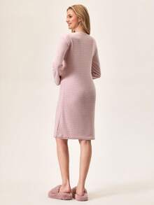 EURMUSE Women PLUS CURVE Cotton Rib Knit With Contrast Colour Binding With Cat Embroidery Detail Round Neck Long Sleeve Homewear Sleep Pajama Dress - Multicolor - View 2