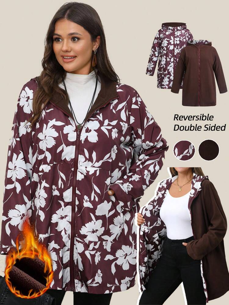 Plus Size Women Autumn Casual Zip-Up Contrast Burgundy Floral Print And Brown Fuzzy Inside Thickened And Warm Long Sleeve Pockets Casual Hooded Reversible Double Sided Trench Coat,Autumn/Winter,Fall,Winter,Vintage,Going Out,Fall,Winter, 2025 New Reversible Floral Print Trench Coat