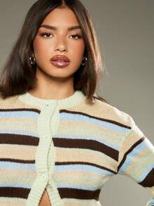 MISSGUIDED Retro gestreifter kurzer Strickjacke mit Knopfverschluss, Y2K Ästhetik Herbst Winter gemütlicher Strickpullover, Preppy Stil Knopfleiste Oberteil - Verschiedenfarbig - Übersicht 6