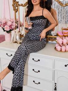 SHEIN Sweet Ins Colorblock Leopard Print & Lace Patchwork Women Pajama Set Leopard Print Pajama Set - Grey - View 4