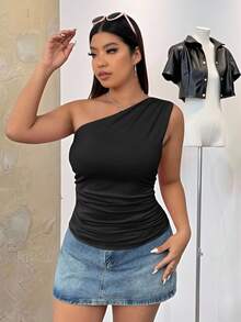 SHEIN EZwear Women's Plus Size One Shoulder Pleated Solid Color Top - Black - View 5