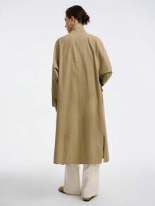 Aalyst Women's French Elegant Minimalist High-End Casual Vacation Commute Comfortable Solid Twill Fabric Stand Collar Double-Breasted Drop Shoulder With Pockets Side Slit Long Sleeve Utility Long Jacket, Spring/Autumn/Winter