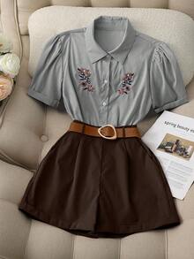 Franclia Fashion Casual Daily Versatile Commuting Blue Striped Shirt Collar Embroidery Short Sleeves Belt Decoration Khaki Wide-Leg Pants Shorts Women's Spring And Summer Two Pieces Suits Ladies Teacher Clothing Ladies Two Pieces Suit