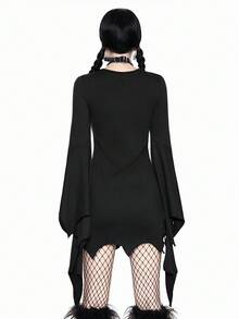 ROMWE Goth Rochie de Halloween cu imprimeu floral, stil gotic, culoare solidă, casual, la modă, cu mâneci evazate, decolteu în V, cu nod, model aripi de liliac, mulată, pentru femei - Negru - Vizualizare 3