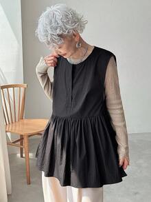 FRIFUL Women's Sleeveless Shirt With Ruffle Hem Patchwork, Loose Solid Color Blouse - Black - View 7
