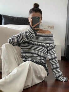 DAZY كنزة صوفية طويلة الأكمام ذات ياقة منحرفة مناسبة للنساء، بتصميم أنيق وكاجوال، بتباين الألوان الأسود والأبيض، مناسبة للخريف والشتاء - الأسود - مشاهدة 5