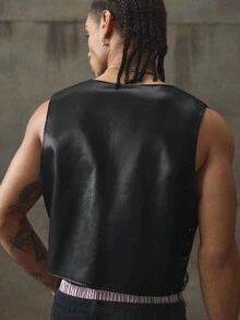 AXEPEAK Men's Leopard Print Patchwork Fringe Design Fashionable Vest, Fall Winter - Multicolor - View 2