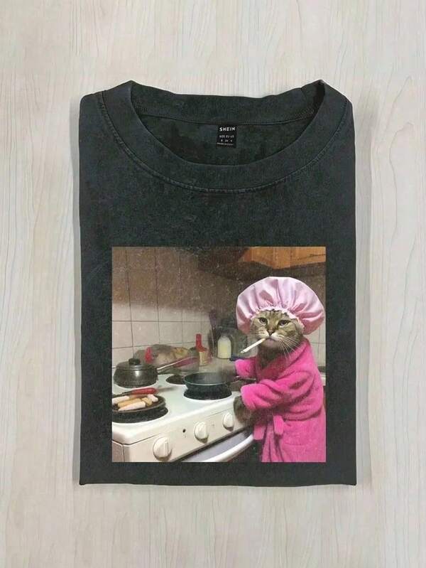 Maweii Plus Size Women Funny Cat Graphic Print Round Neck Short Sleeve T-Shirt