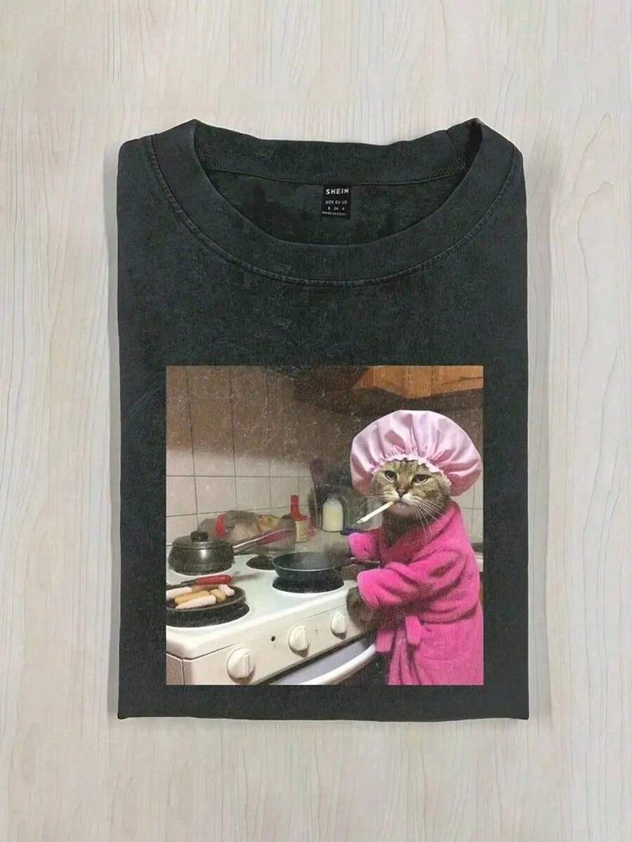 Maweii 大码女款趣味猫咪图案印花圆领短袖T恤 - 深灰色 - 查看 1