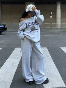 SHEIN EZwear 2 件女士休闲宽松宽领露肩运动衫和阔腿运动裤套装，复古亚利桑那印花，加厚，适合秋冬 - 灰色 - 查看 6