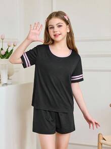 SHEIN Conjunto de pijama de punto con ribete de contraste para niñas - Negro - Ver 1