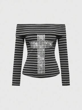 Grunge Punk Plus Size Punk Sexy Y2K Striped Rivet Cross Decor One Shoulder Fitted Long Sleeve T-Shirt For Women