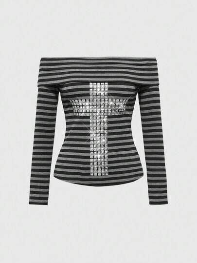Grunge Punk Punk Sexy Y2K Kpop Striped Rivet Cross Off Shoulder Fitted Long Sleeve T-Shirt For Women