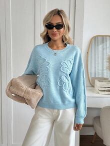 SHEIN LUNE Rundhals Laternärmel 3D Blumen Pullover, lässiger, weiter Pendler Vintage Stil für Frauen Blumen Pullover Damen Pullover bestickter Pullover blauer Pullover Zopfstrick Pullover für Herbst/Winter - Blau - Übersicht 4