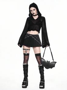 ROMWE Gothic Hooded Pullover Sweater With Flared Sleeves, Halloween - Black - View 7