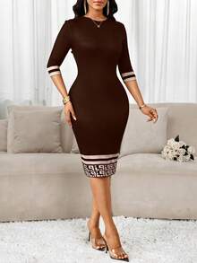SHEIN Lady 春夏优雅通勤办公室彩色针织圆领铅笔中长七分袖连衣裙商务休闲女装 - 棕色 - 查看 4