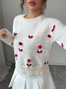 Selianne Women's Casual Heart-Shaped Faux Pearl Crew Neck Raglan Sleeve Sweater, Autumn - White - View 7
