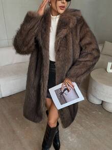 Firerie 女式优雅长款仿皮草大衣秋冬女装 - 咖啡棕 - 查看 5