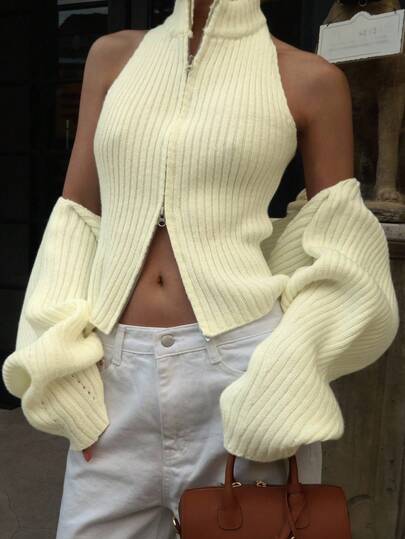 DAZY 2pcs Women Solid Color Long Sleeve Vest Cardigan And Zip-Up Neck Knit Top Set, Autumn Fall