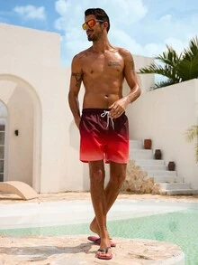 Manfinity Swimmode Pantalones cortos de playa casuales y sueltos con cordón para hombre, estilo ombre, de verano - Rojo - Ver 4