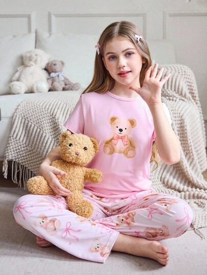 SHEIN Tween Girls Pajamas Pink Pajamas Teen Girl Pajama Set Teen Girl Sleep Wear Teddy Bear Pajamas Teen Girl Pajamas Kawaii Pajamas