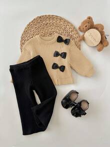 SHEIN 2件套女婴可爱棕色蝴蝶结针织毛衣和喇叭裤套装，秋冬 - 彩色 - 查看 5
