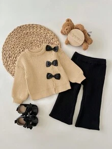 SHEIN 2件套女婴可爱棕色蝴蝶结针织毛衣和喇叭裤套装，秋冬 - 彩色 - 查看 6
