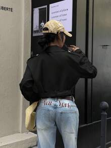 SHEIN EZwear 休闲街头风格杏色女式短款风衣 - 黑色 - 查看 2