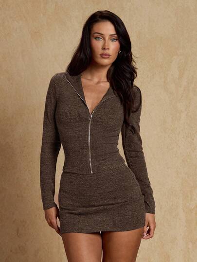 Glamine 2 件套优雅简约棕色长袖短款上衣和紧身迷你裙套装