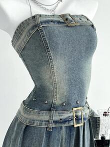 Elamini 女式休闲束带褶饰紧身牛仔连衣裙 - 藍色 - 查看 5