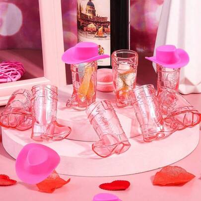 24pcs/Set (12 Mini Plastic Cowboy Hats And 12 Cowboy Boot Cups), 12pcs/Set (6 Mini Plastic Cowboy Hats And 6 Cowboy Boot Cups), Western Cowboy Hat Boot Cups, Party Supplies Suitable For Theme Birthday Party Decor And Cowboy Bachelor Party Favors, 1 Oz