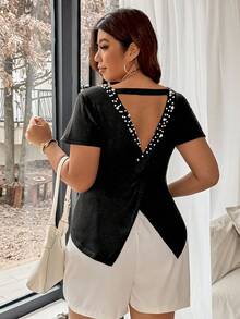 Vionelle Plus Size Women French Style Beaded Short Sleeve Knit Top, Elegant, Fashionable, Versatile, Casual & Minimalist - Black - View 7