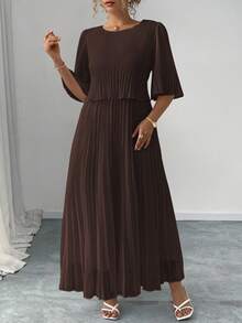 Elenzga 大码纯色优雅淑女雪纺百褶连衣裙，春夏 - 咖啡棕 - 查看 5