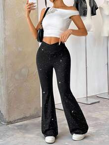 SHEIN EZwear High Waist Flared Shiny Stretchy Knit Black Long Flare Pants, Suitable For Vacation, Outing, Date, Party, Casual Daily Wear, Plus Size - Black - View 5