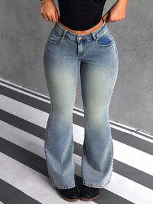 SHEIN ICON Women's Flared Light Green Ombre Pocket Vintage Cross Graphic Print Casual Jeans