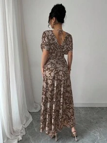 Elenzga Váy maxi chữ A dáng dài cổ chữ V buông vai thanh lịch kiểu Pháp dành cho nữ, thích hợp đi biển, tiệc trà chiều, tiệc tùng - Màu nâu Sô-cô-la - Xem 2