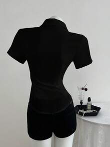 Elamini Embroidered Waist Fitted Short Sleeve Women Shirt - Black - View 2