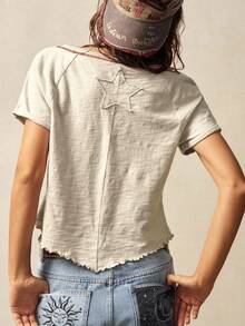 Bohemela Solid Color Knit Crew Neck Short Sleeve Fitted Washed Women T-Shirt