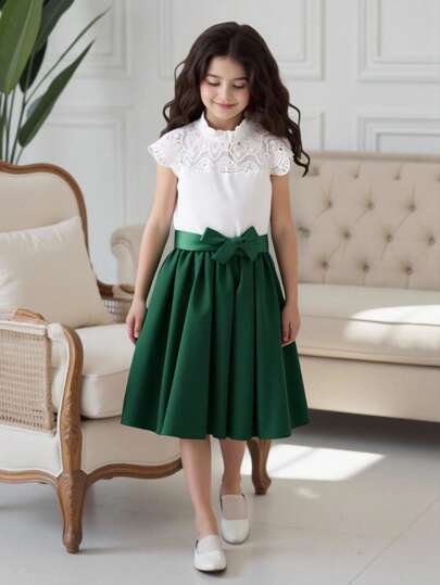 Tween Girl Contrast Lace Panel Frill Neck Belted Dress