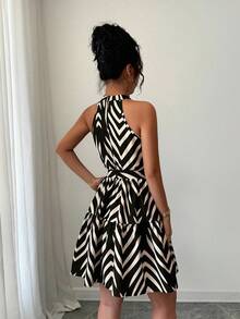 Selianne Váy ngắn không tay, thắt eo, họa tiết sọc xanh navy và mơ dành cho nữ đi nghỉ mát - màu đen - Xem 2