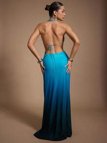 Hauture Vestido largo de fiesta con cuello halter, detalle de trenza en degradado y abertura alta para mujer - Multicolor - Ver 6