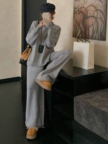 DAZY 女式纯色立领长袖侧开衩下摆毛衣和宽松针织裤两件套，秋季 - 灰色 - 查看 6