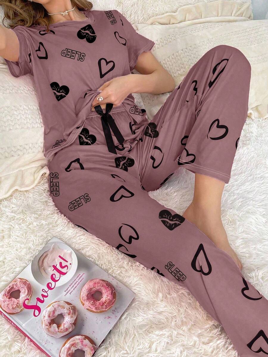 Women Heart Print Round Neck Short Sleeve Top And Pants Pajama Set Women Pajama Set Heart Pajama Set Comfy Pajama Set 2 Pieces Pajama Set Cute Pajama Set - Multicolor - View 1