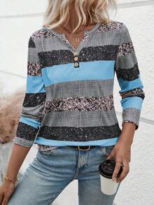 EMERY ROSE 女士休闲 V 领长袖条纹纽扣 T 恤，随机印花，秋季图案 T 恤女士春季上衣 - 彩色 - 查看 4