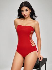 SHEIN 女士纯色露肩镂空侧边性感连体裤 - 紅色 - 查看 5