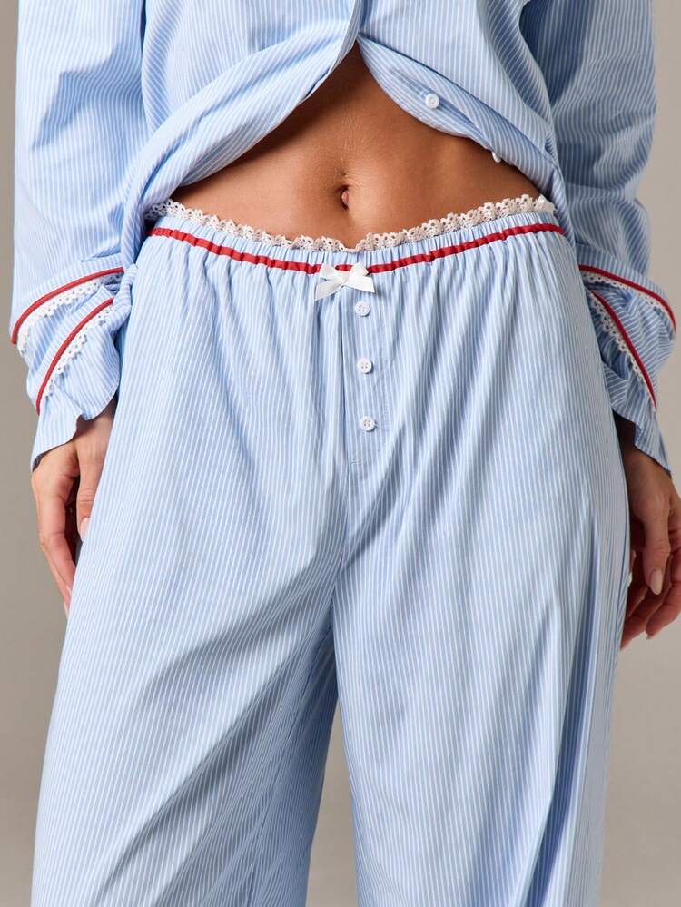Wide Leg Pinstripe Pajama Pants With Ruffle Hem