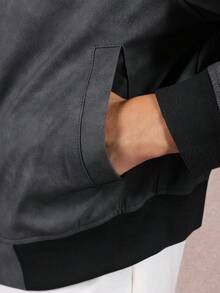SUMWON Crop Fit Premium Faux Suede Bomber Jacket With Ribbed Collar Classic Modern Design Zip Front Casual Streetwear Fall Winter - Black - View 4
