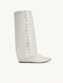 CUCCOO CHICEST Women's Fashionable Versatile Solid Color Knee-High Boots - White - View 10