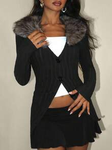 EgrlEra Women's Black Faux Fur Collar Patchwork Fitted Jacket - Black - View 1